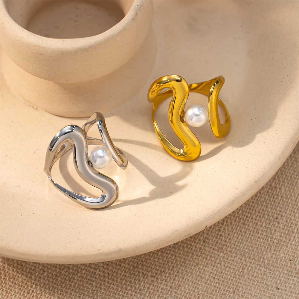 316 Stainless Steel 18K Gold Plated Ring with White Bead | Unique Minimalist Fashion Jewelry