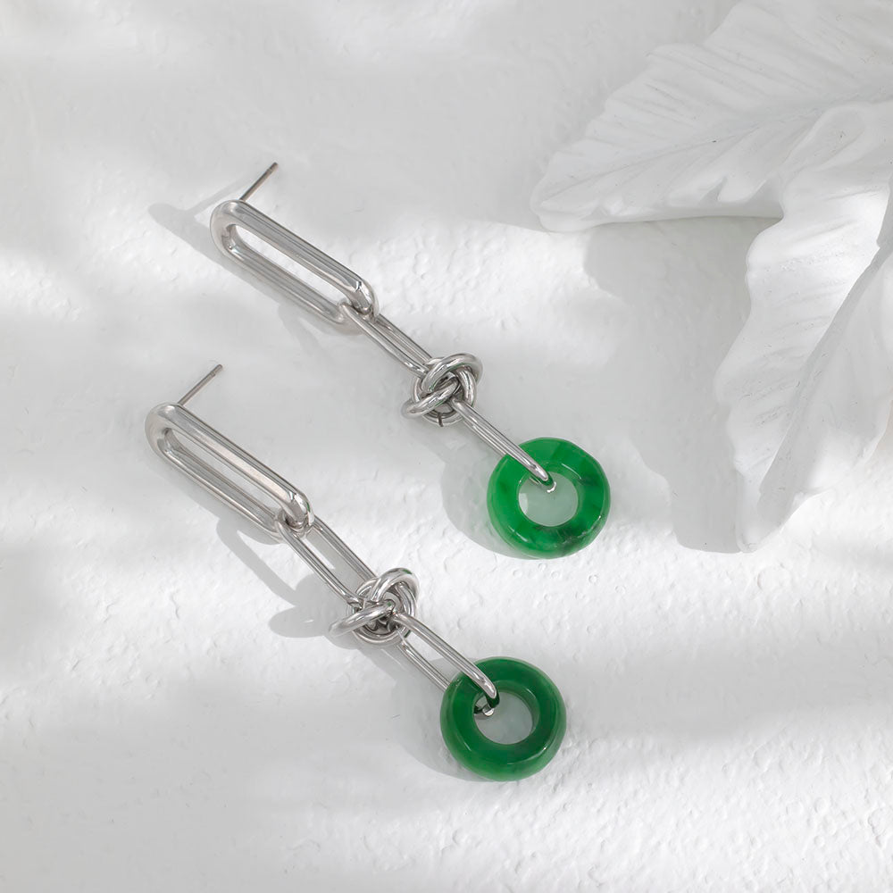 Green Carved Stone Hoop Dangle Earrings – Stainless Steel Chain Earrings with Green Natural Stone Hoop, Unisex