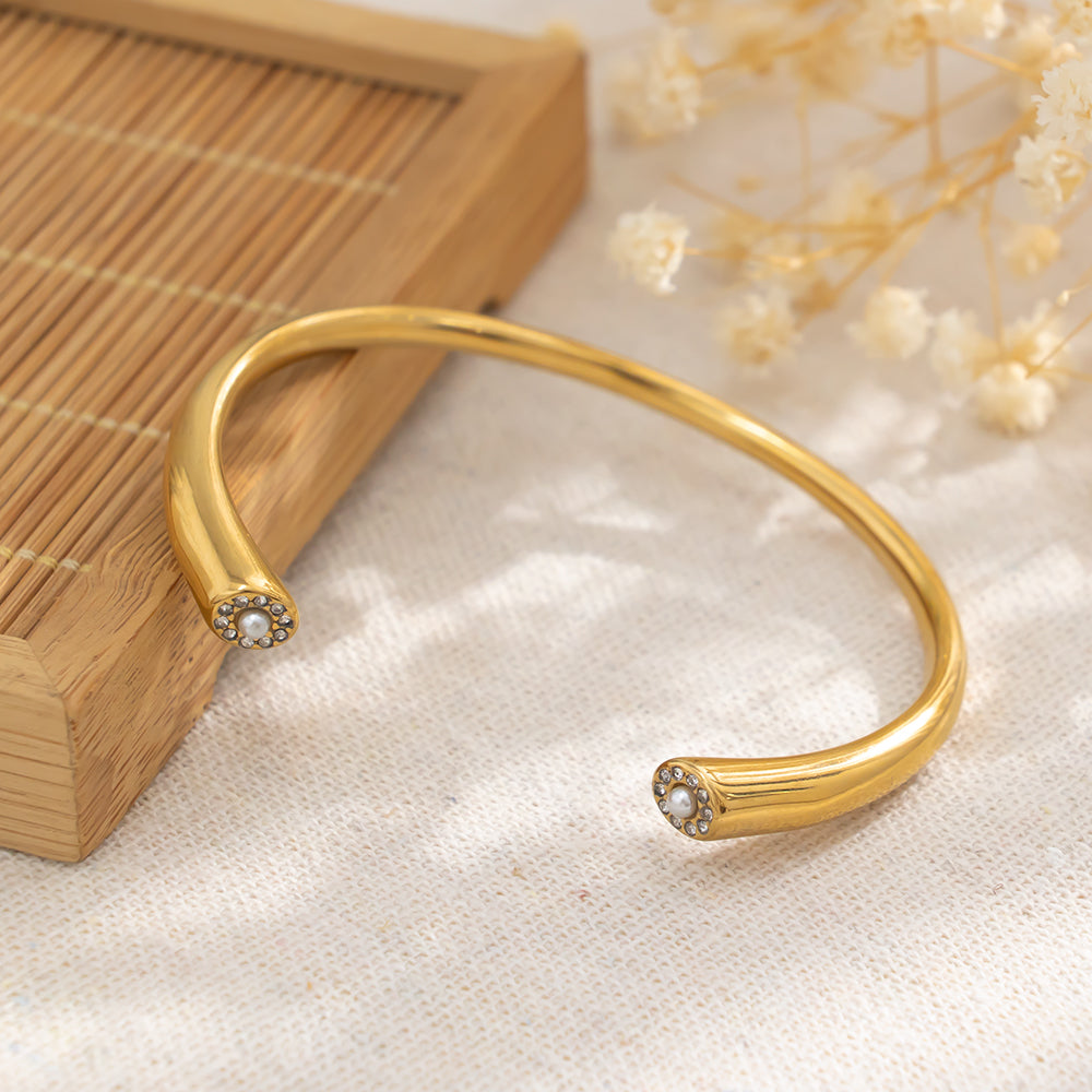 316 Stainless Steel 18K Crystal Open C Bracelet | Sparkling Double-End Accent