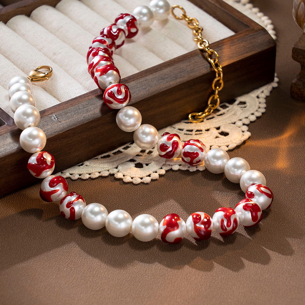 Ember Accent Necklace with White Beads and Red Raised Column Details – Unisex Handmade Jewelry