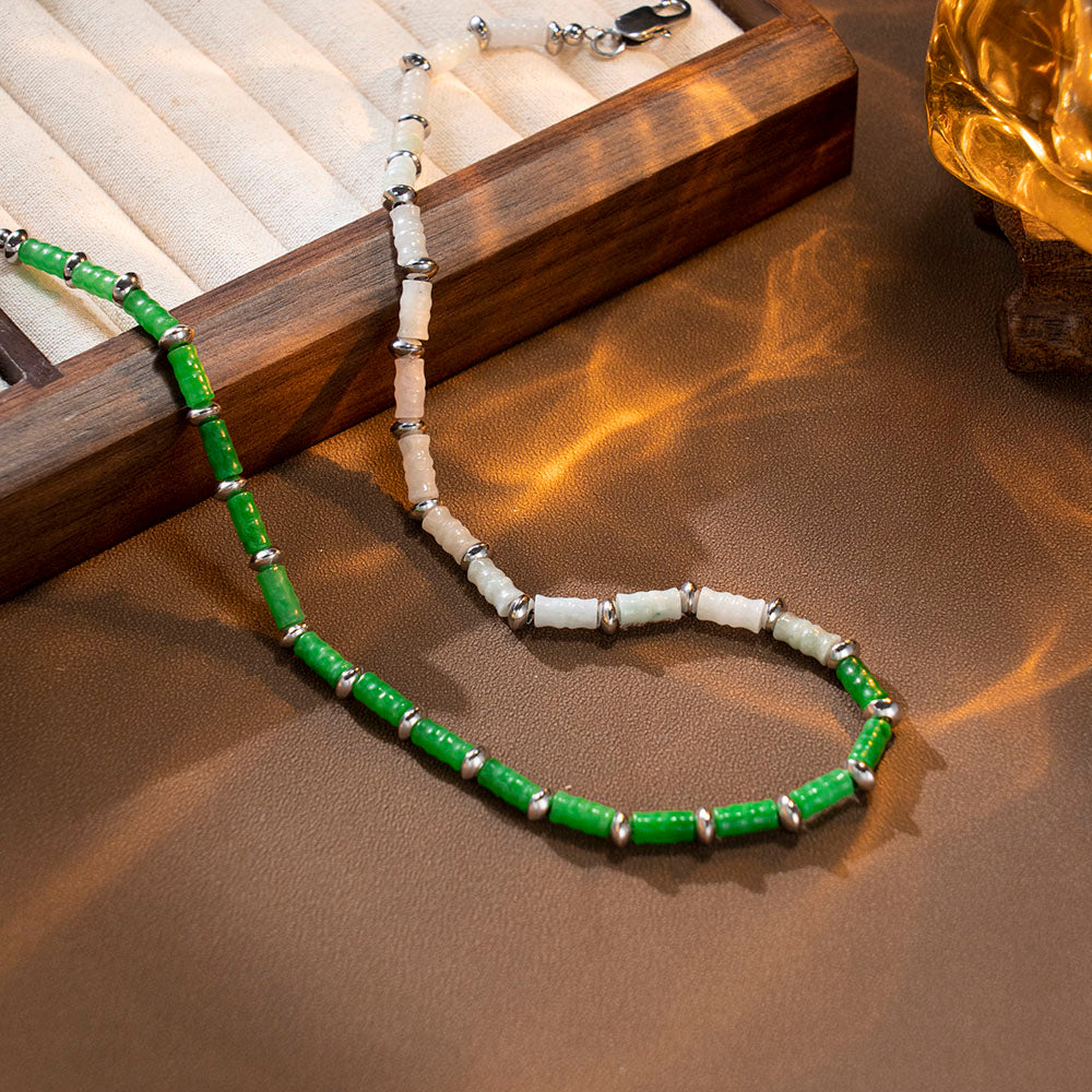 Two-Tone Bamboo Shaped Stone Bead Necklace – Green & White Natural Stone Handmade Jewelry for Women