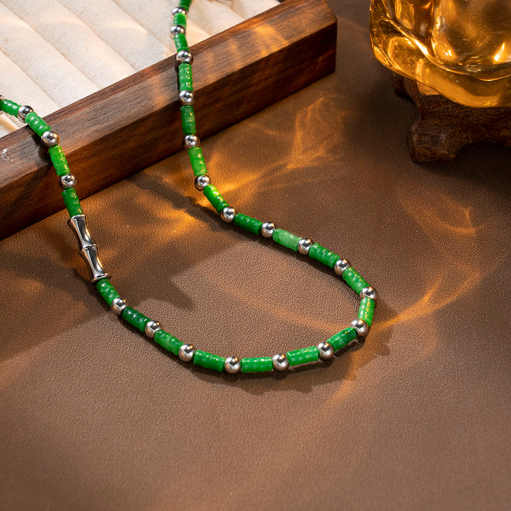 Emerald Weave Necklace with Green Bamboo Stones and Stainless Steel Beads – Unisex Handmade Jewelry