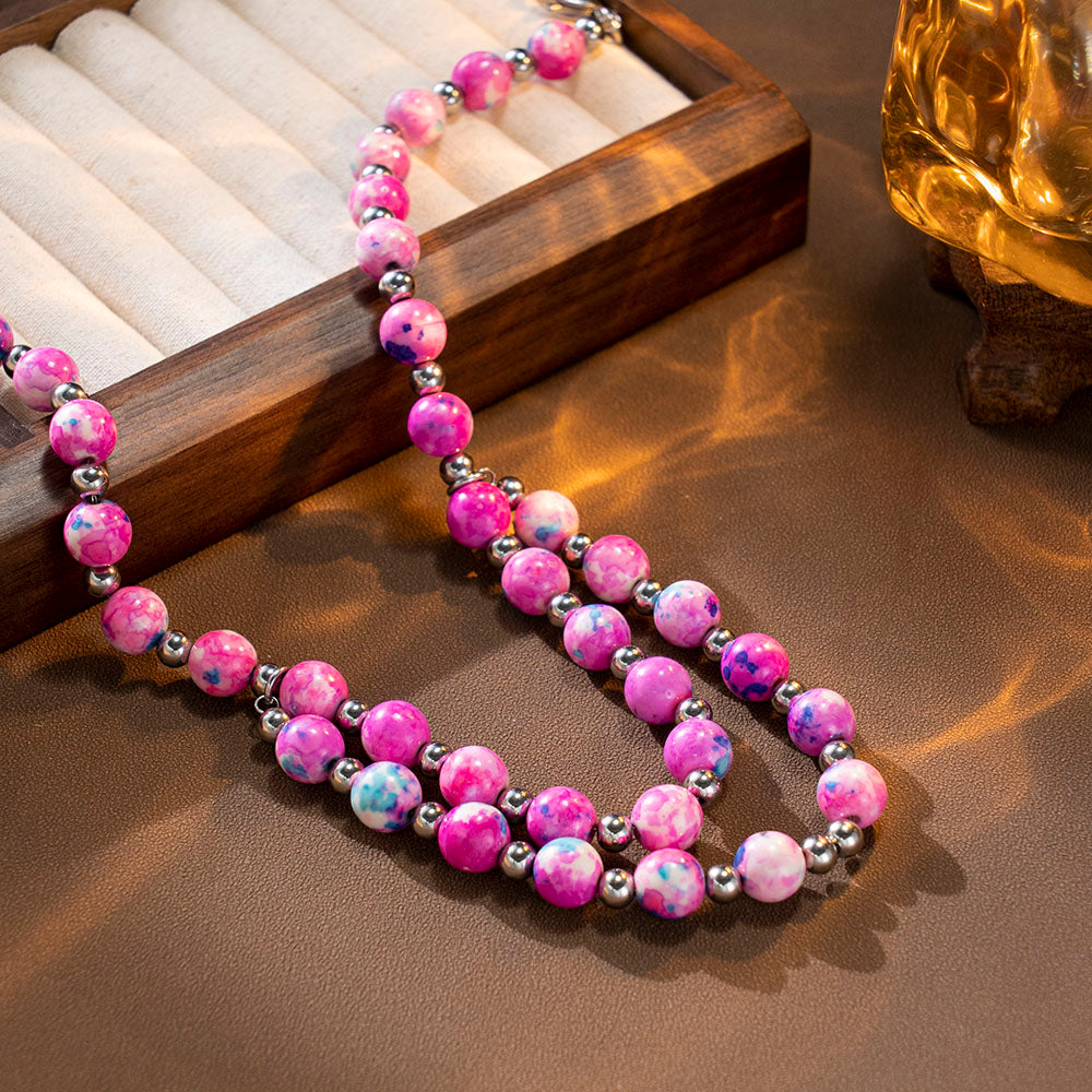 Rose Radiance Double-Layer Necklace with Rose-Red Stone Beads – Unisex Handmade Jewelry
