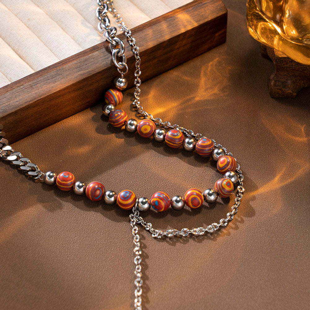 Cosmic Orbit Double-Layer Necklace – Stainless Steel Chain with Planet-Inspired Beads, Unisex Handmade Jewelry