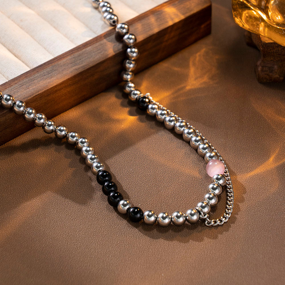 Starlight Alternating Necklace with 316 Stainless Steel and Black Natural Stones – Double-Layer Detail Unisex Jewelry