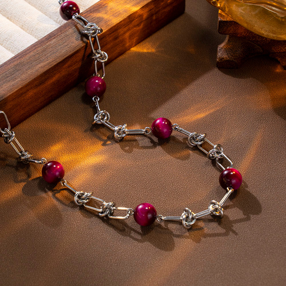 Rose Red Beads Necklace – Unisex Handmade Jewelry with Rose Red Beads and Stainless Steel Chain
