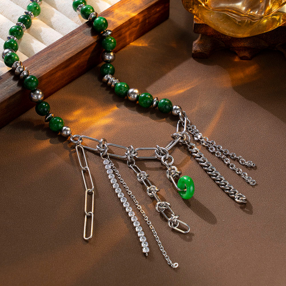Green Tassel Elegance Necklace with Green Natural Stone Beads – Unisex Handmade Jewelry