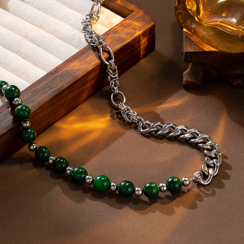 Verde Cuban Chain Necklace with Green Beads and Stainless Steel – Unisex Handmade Jewelry