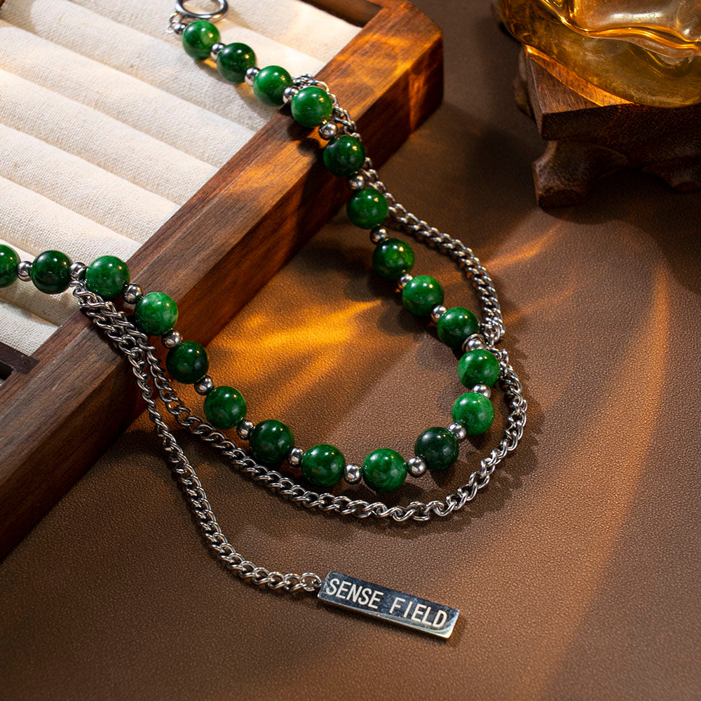 Green Layered Beads Necklace – Unisex Handmade Jewelry with Green Beads and Stainless Steel Chain