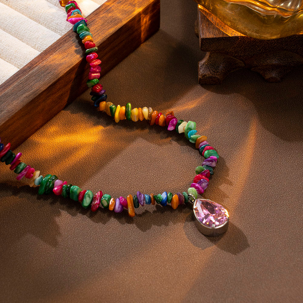 Pink Focus Gemstone Necklace – Colorful Chip Beads with Central Pink Stone, Unisex Handmade Jewelry