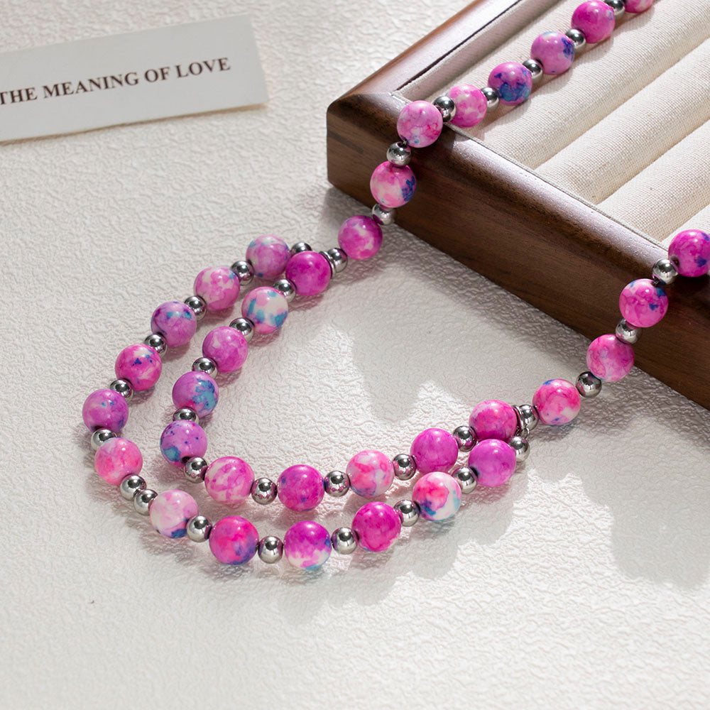 Rose Radiance Double-Layer Necklace with Rose-Red Stone Beads – Unisex Handmade Jewelry