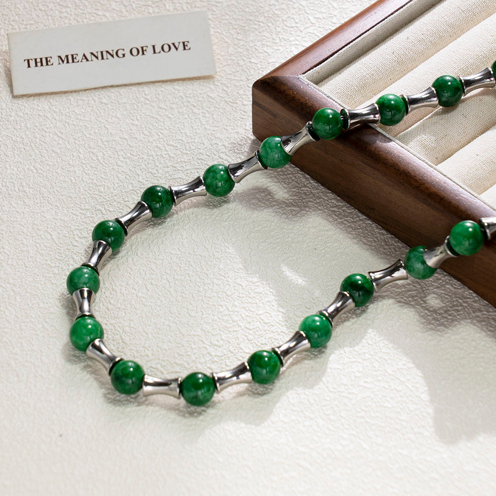Green Round Bead Bamboo Stainless Steel Necklace – Minimalist Handmade Jewelry for Women