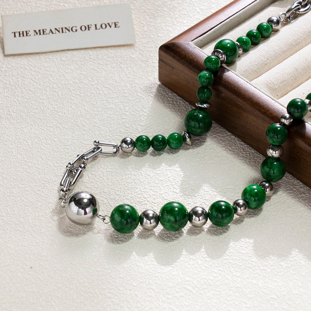 Natural Dark Green Stone Beads Stainless Steel Necklace – Minimalist Fashion Jewelry for Women