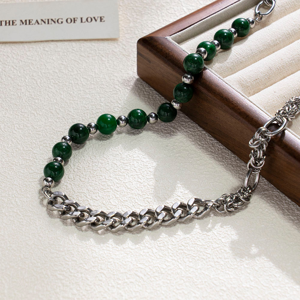 Verde Cuban Chain Necklace with Green Beads and Stainless Steel – Unisex Handmade Jewelry