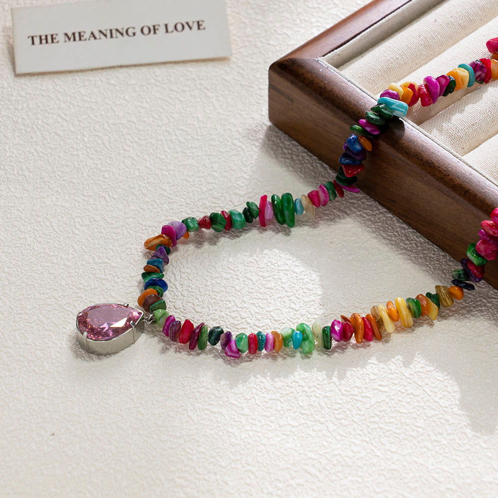 Pink Focus Gemstone Necklace – Colorful Chip Beads with Central Pink Stone, Unisex Handmade Jewelry