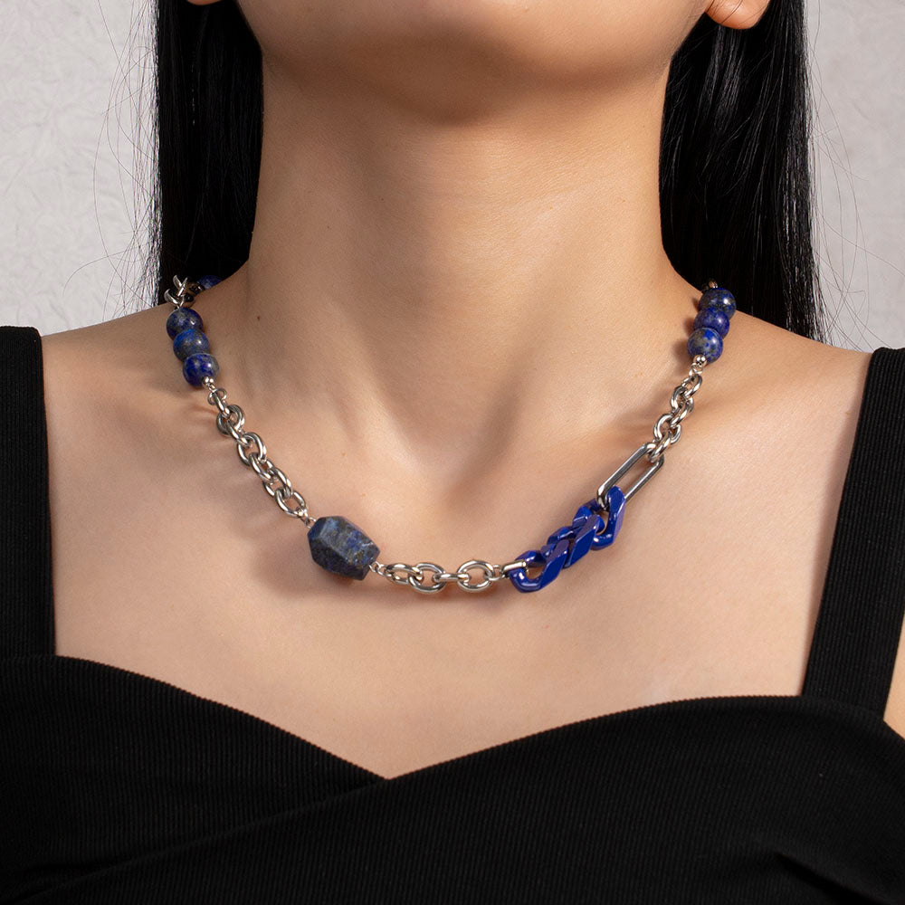 Alternating Natural Stone and 316 Stainless Steel Necklace – Minimalist Handmade Jewelry for Women