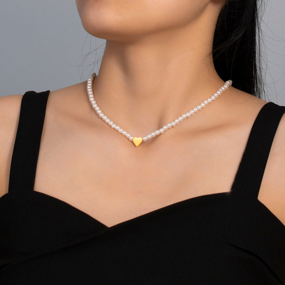 316 Stainless Steel 18K Gold Plated White Bead Necklace | Small Gold Heart Pendant Minimalist Jewelry