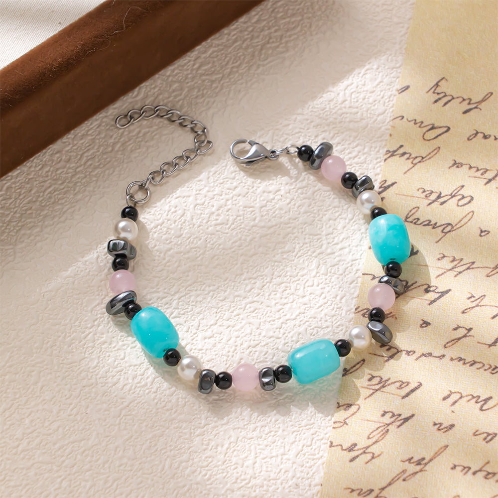 Starry Dream Three-Stone Bracelet – Unisex Handmade Bracelet with Black Irregular Dendritic Stone, Pink & Blue Chalcedony
