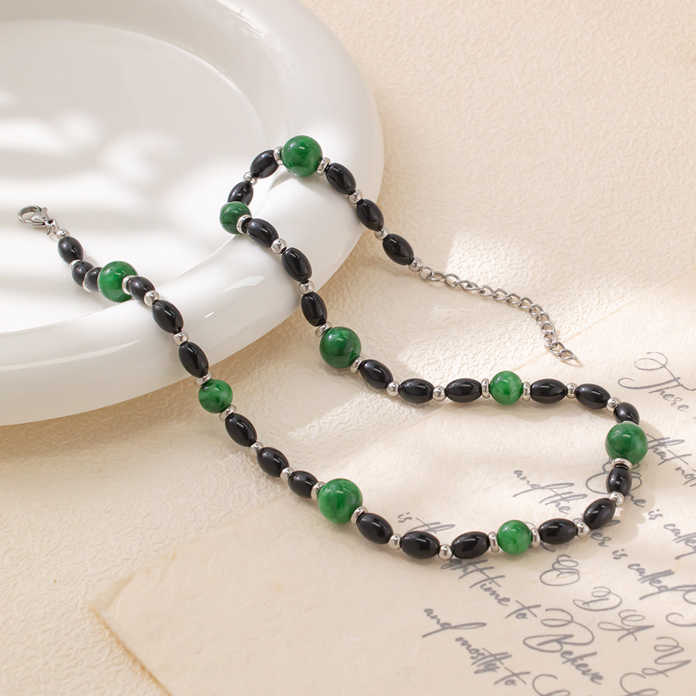Black Glass & Green Chalcedony Necklace – Unisex Handmade Necklace with Black Glass and Green Chalcedony