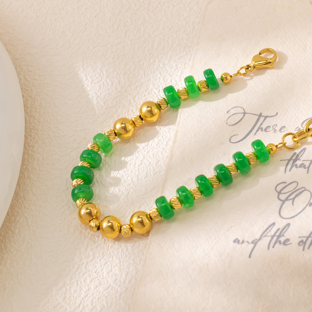 Synthetic Green Jade & 18k Gold Plated Stainless Steel Bracelet – Unisex Handmade Bracelet with Green Jade and Gold Stainless Steel
