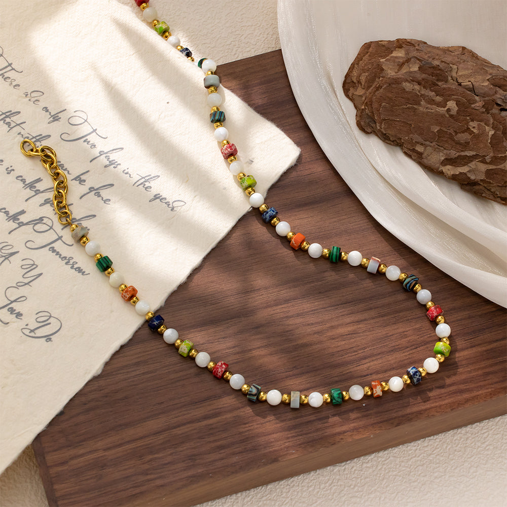 Colorful Turquoise & White Shell Beads Necklace – Unisex Handmade Necklace with Natural Turquoise and White Shell Beads