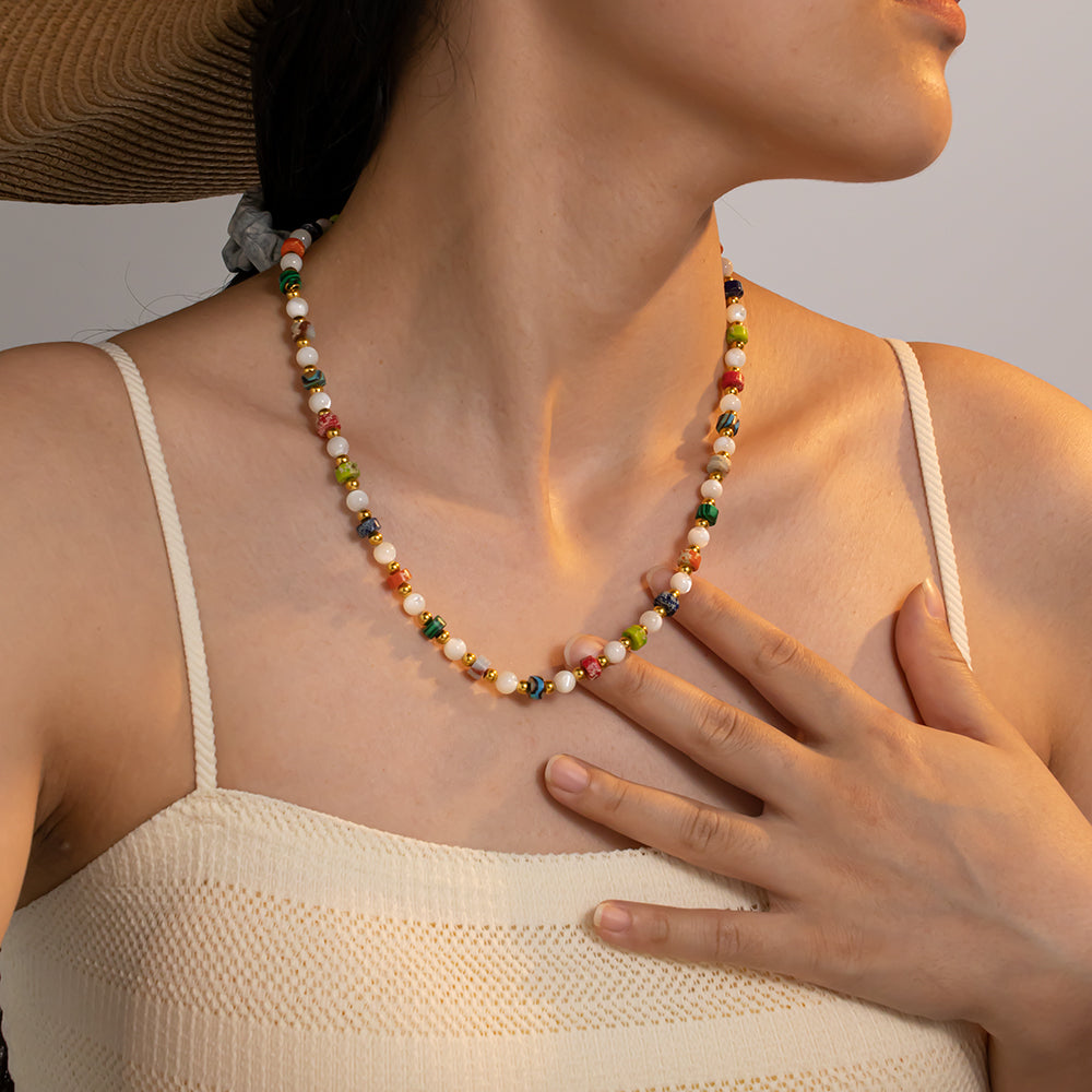 Colorful Turquoise & White Shell Beads Necklace – Unisex Handmade Necklace with Natural Turquoise and White Shell Beads