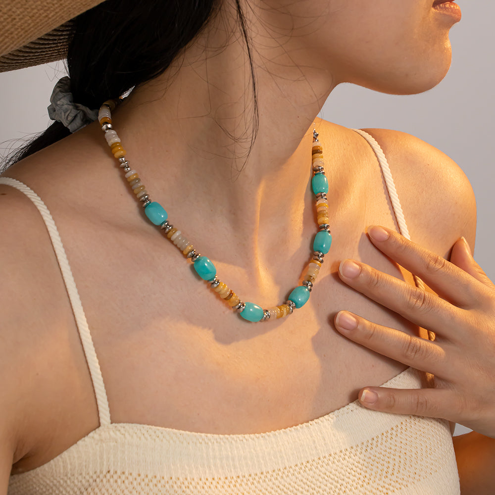 Yellow Agate & Blue Chalcedony Necklace – Unisex Handmade Necklace with Yellow Agate and Blue Chalcedony
