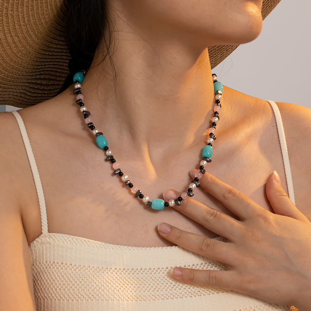 Colorful Natural Stone Beads Necklace – Unisex Handmade Necklace with Colorful Natural Stones