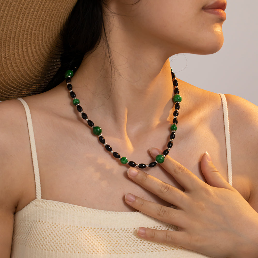 Black Glass & Green Chalcedony Necklace – Unisex Handmade Necklace with Black Glass and Green Chalcedony