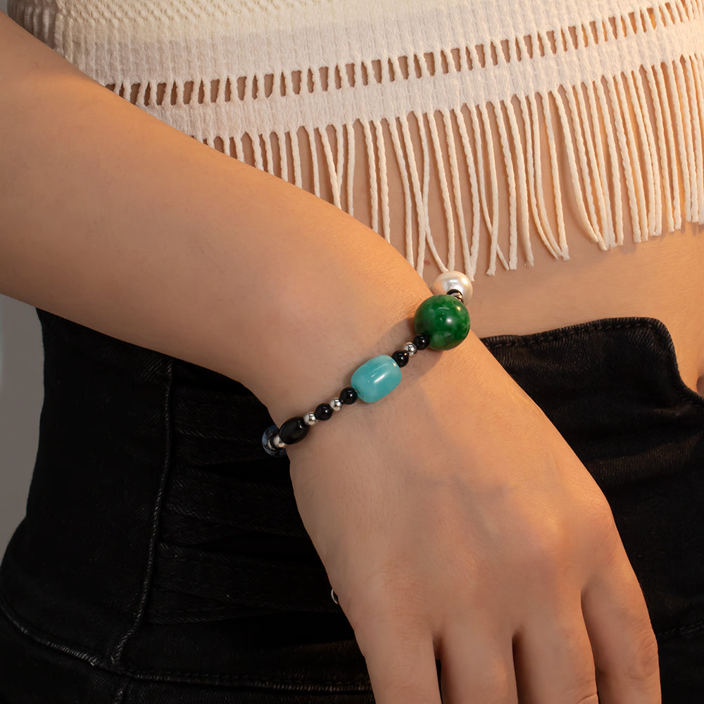 Blue Spotted Chalcedony, White Glass Pearl, Green & Blue Chalcedony Bracelet