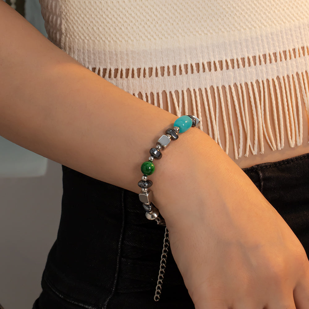 Forest Trio Bracelet – Unisex Handmade Bracelet with Black Irregular Dendritic Stone, Green & Blue Chalcedony