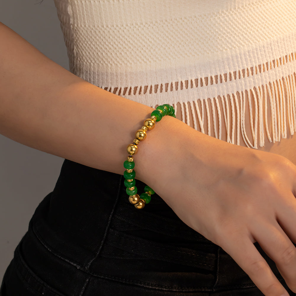 Synthetic Green Jade & 18k Gold Plated Stainless Steel Bracelet – Unisex Handmade Bracelet with Green Jade and Gold Stainless Steel