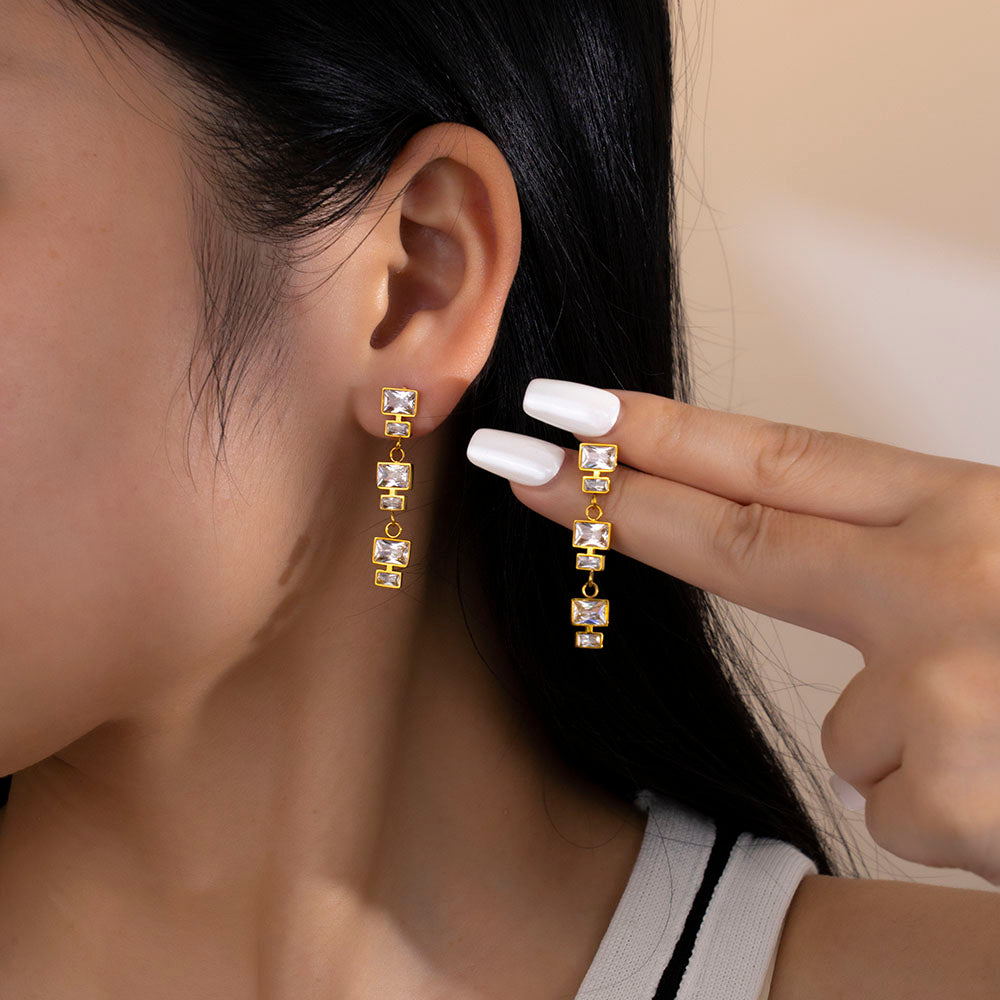 316 Stainless Steel 18K Gold Plated Square Pendant Earrings | Sparkling Zircon Stone Jewelry