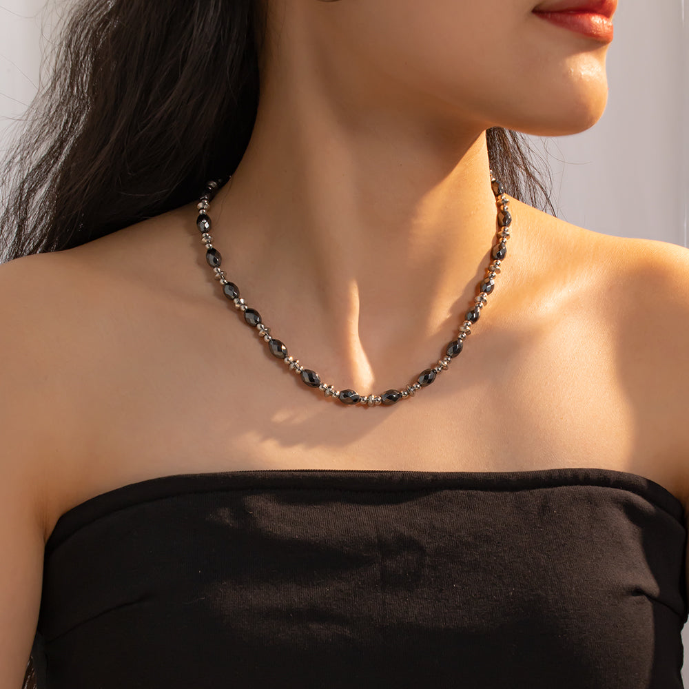 Black Obsidian Necklace with Stainless Steel Beads – Elegant & Refined