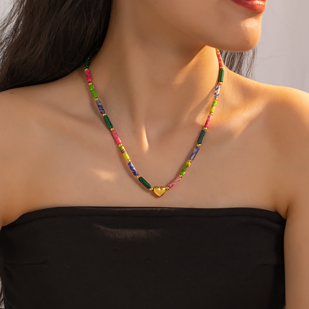 Rainbow Stone Necklace with Center Heart Pendant – Colorful & Charming Jewelry