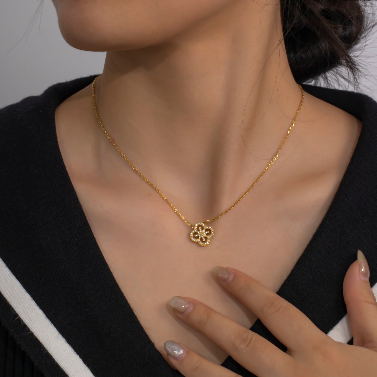 316 Stainless Steel 18K Gold Plated Four-Leaf Clover Necklace | Sparkling Good Luck Jewelry