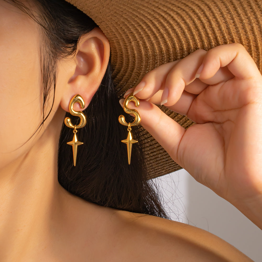 18K Gold-Plated Stainless Steel Stud Earrings – “S” with Cross, Modern & Stylish