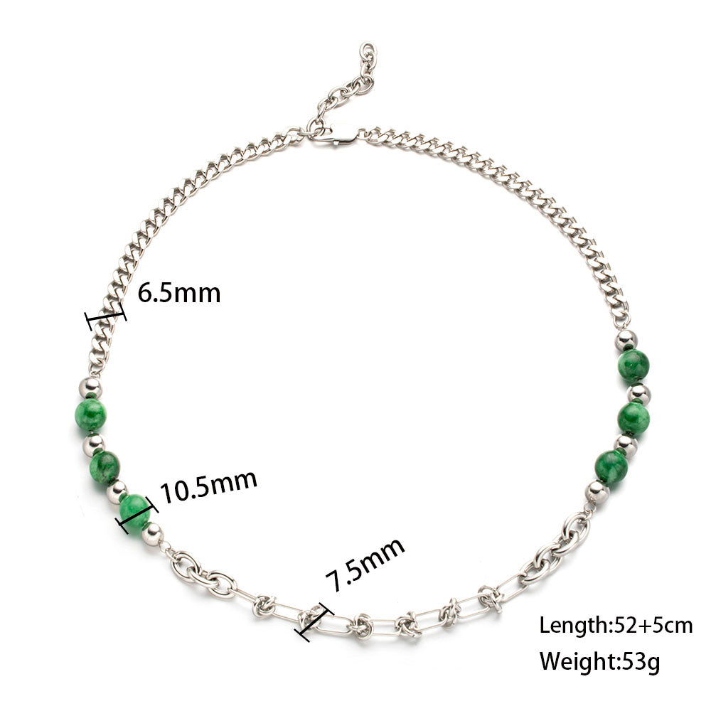 Green Harmony Necklace with Stainless Steel Chain and Green Beads – Unisex Handmade Jewelry