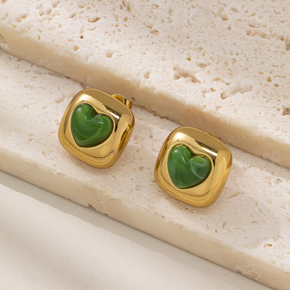Colorful Heart in Frame Stud Earrings – 316L Stainless Steel, Hypoallergenic & Playful Resin Design