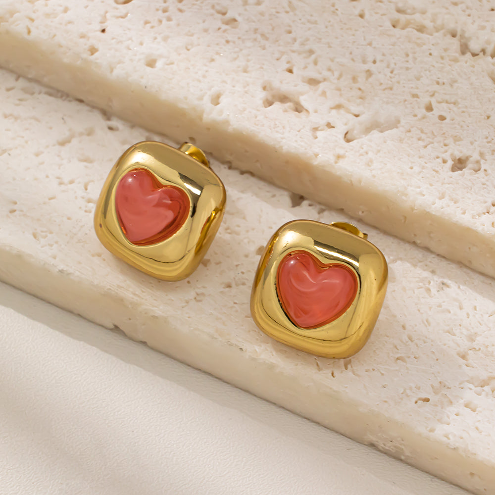 Colorful Heart in Frame Stud Earrings – 316L Stainless Steel, Hypoallergenic & Playful Resin Design