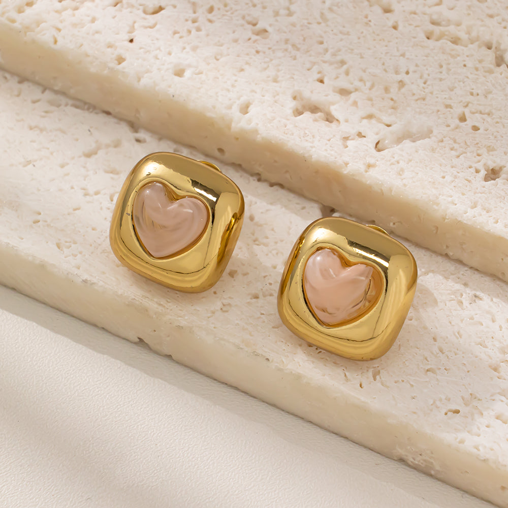 Colorful Heart in Frame Stud Earrings – 316L Stainless Steel, Hypoallergenic & Playful Resin Design