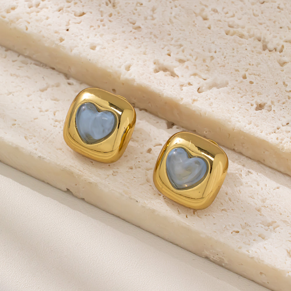 Colorful Heart in Frame Stud Earrings – 316L Stainless Steel, Hypoallergenic & Playful Resin Design