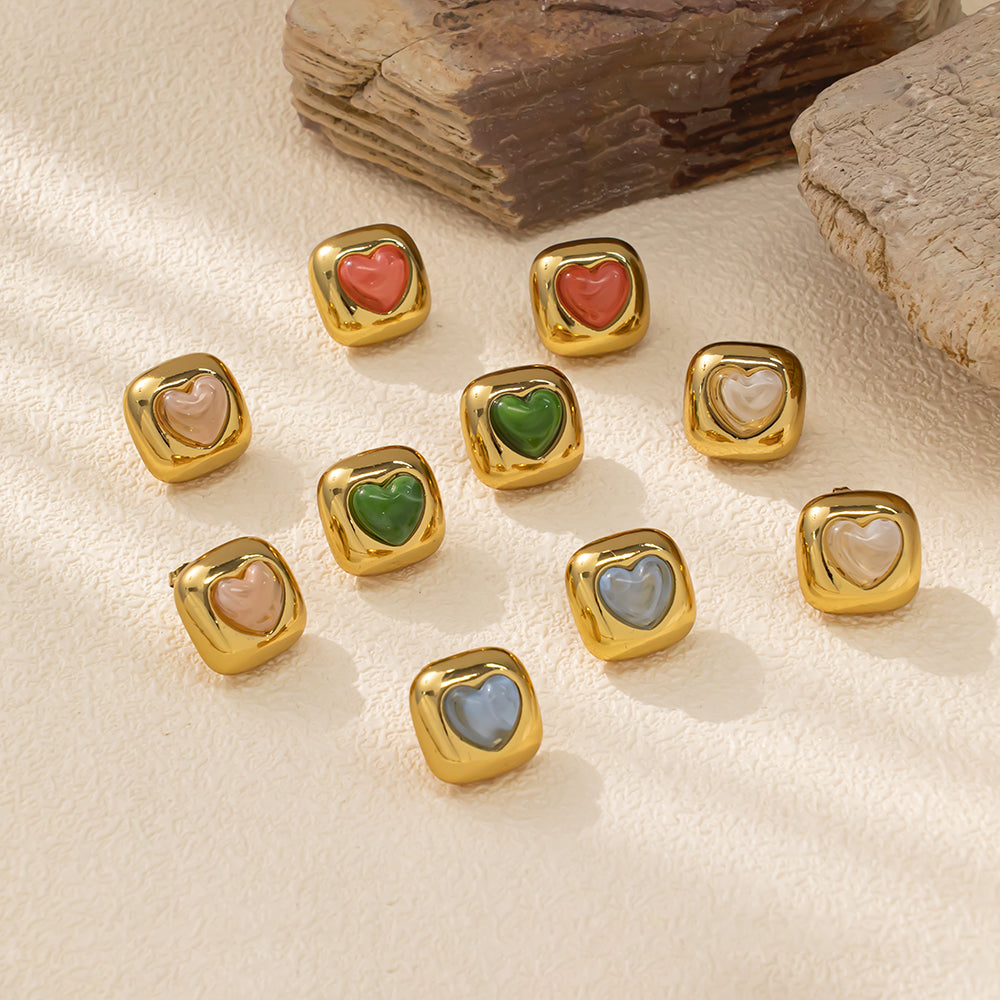 Colorful Heart in Frame Stud Earrings – 316L Stainless Steel, Hypoallergenic & Playful Resin Design
