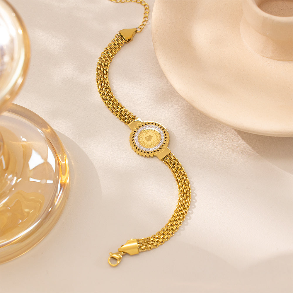 316 Stainless Steel 18K Gold Plated Watch-Style Chain Elder Head Paved Bracelet | Sparkling Statement Jewelry for Women