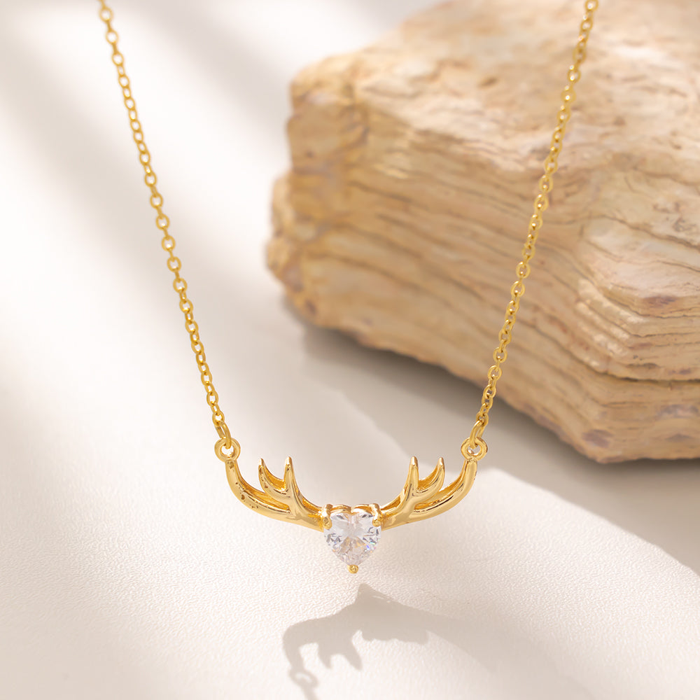 Antler Pendant Necklace with Single Cubic Zirconia – 316L Stainless Steel, Waterproof, Tarnish Free, Hypoallergenic & 18K Gold Plated