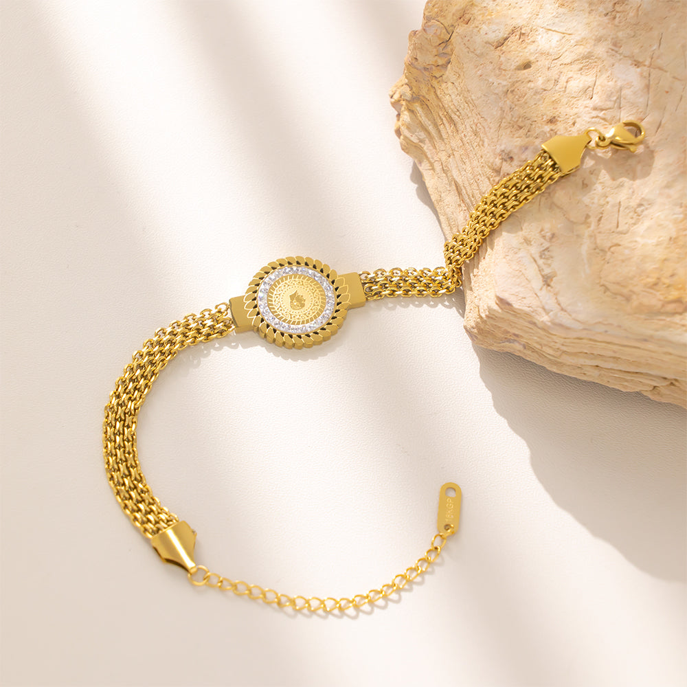 316 Stainless Steel 18K Gold Plated Watch-Style Chain Elder Head Paved Bracelet | Sparkling Statement Jewelry for Women