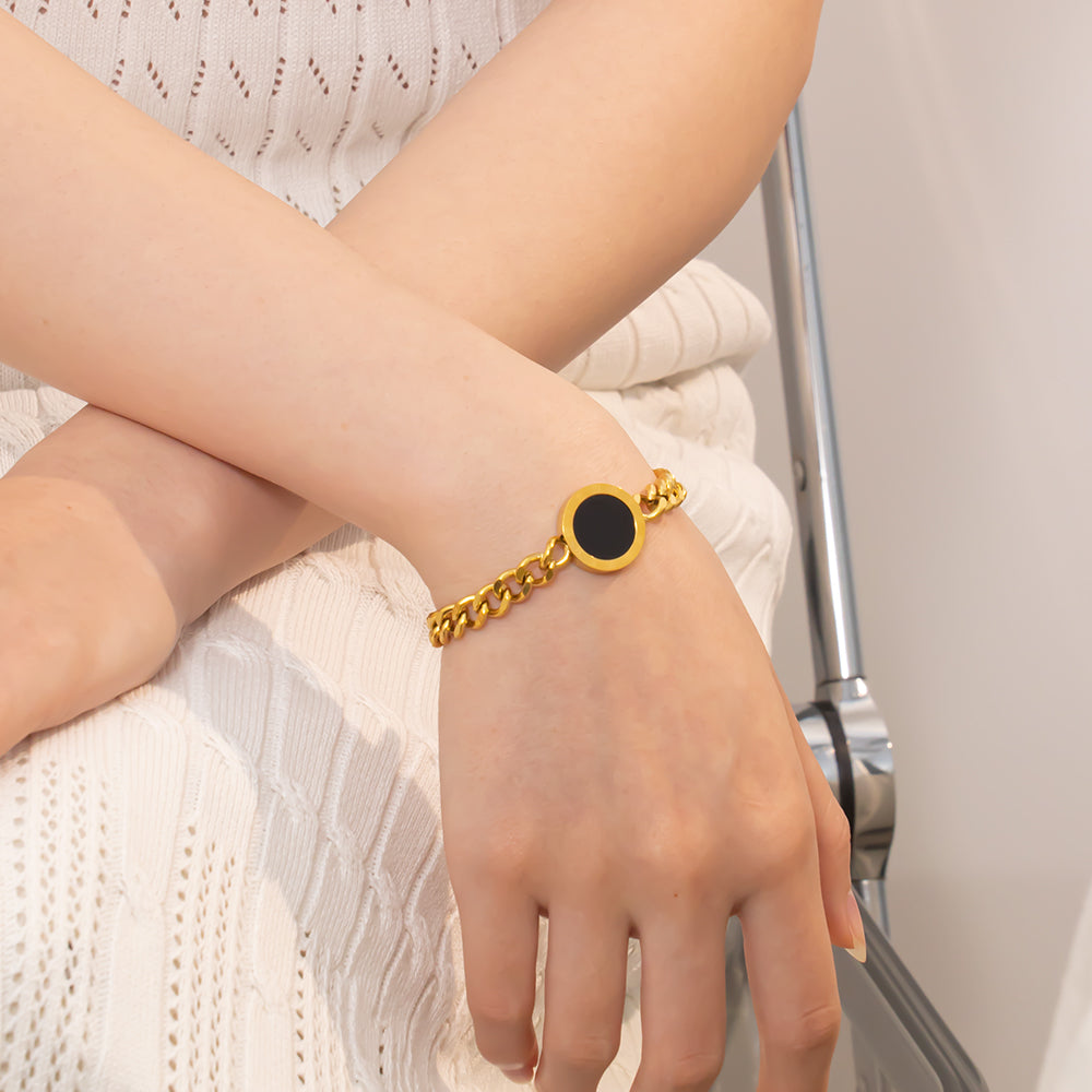 316 Stainless Steel 18K Gold Plated Cuban Chain Bracelet | Roman Numeral Disc Pendant Jewelry