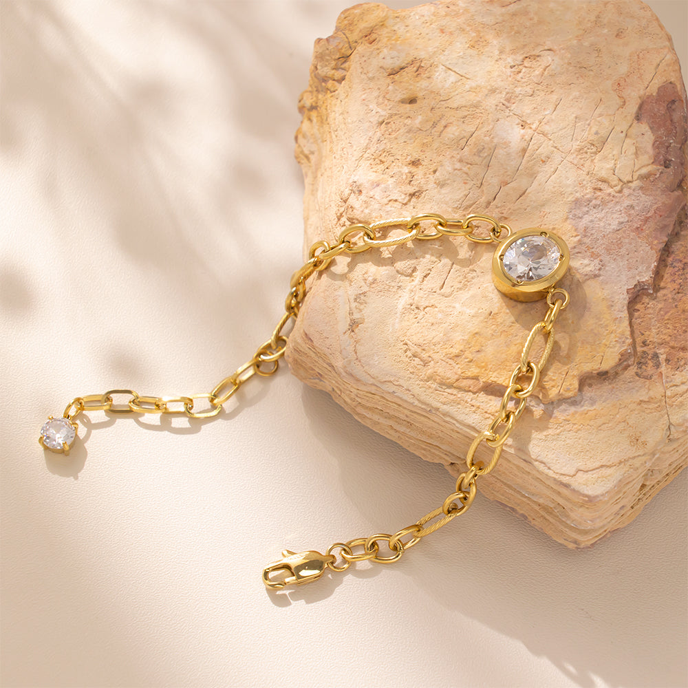 18K Gold Plated 316 Stainless Steel Cubic Zirconia Bracelet with White CZ Accent on Chain End – Waterproof & Hypoallergenic