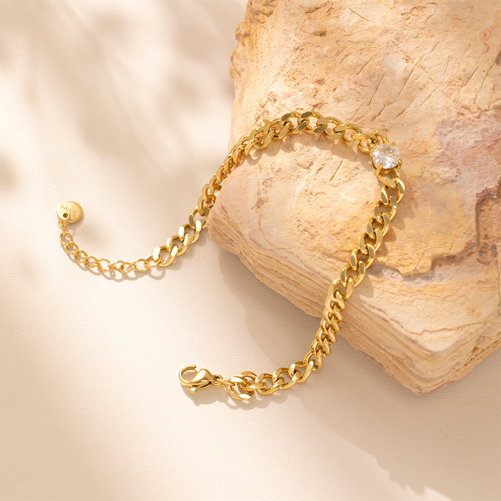 18K Gold Plated 316 Stainless Steel Bracelet with White Cubic Zirconia Stones – Waterproof & Hypoallergenic