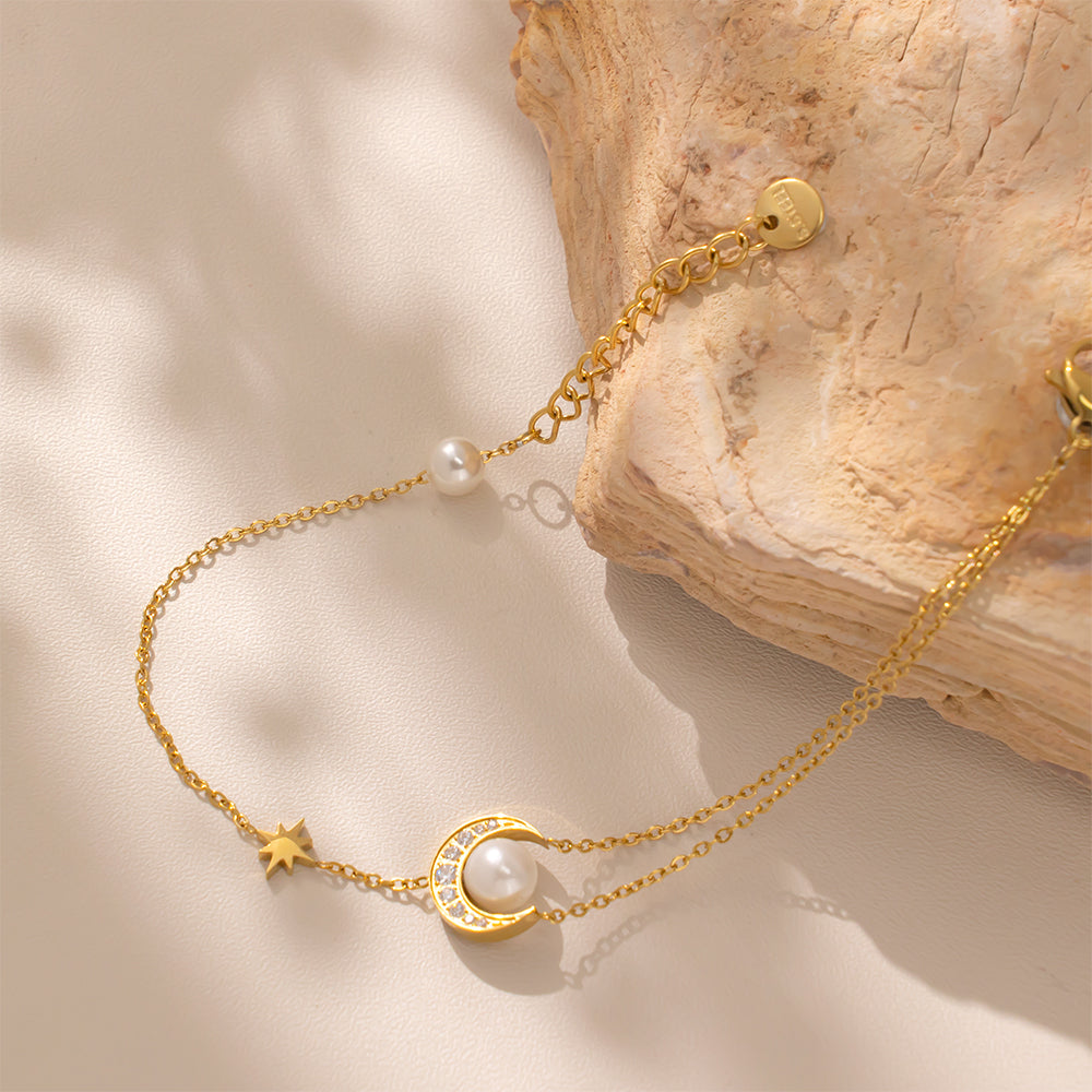 18K Gold Plated 316 Stainless Steel Bracelet with Moon, Beads, Stars & Cubic Zirconia – Waterproof & Hypoallergenic